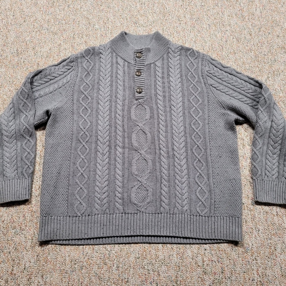 LL Bean Cable Knit Sweater Men XL Gray Organic Cotton Fisherman Henley Mock Neck